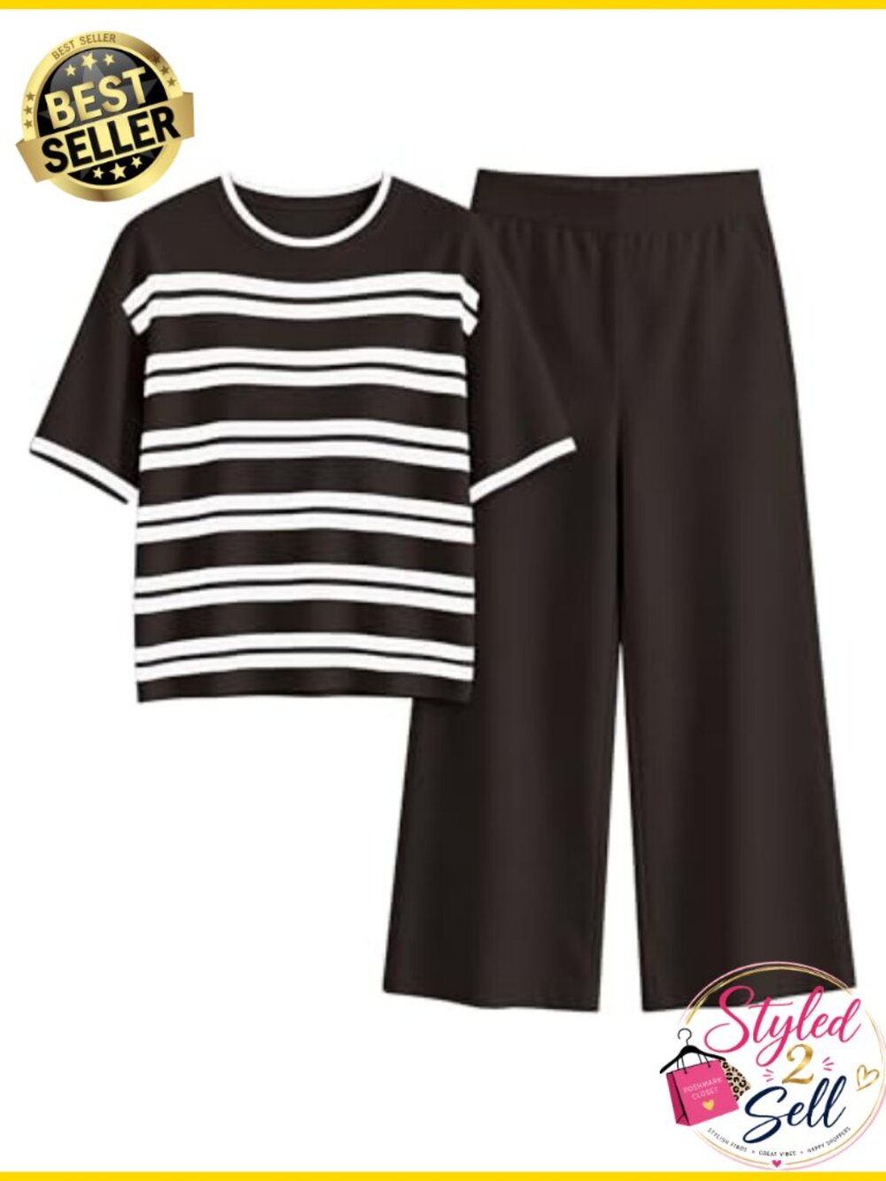 Women's Striped Knit 2 Piece Set Short Sleeve Wide Leg Pants Outfit